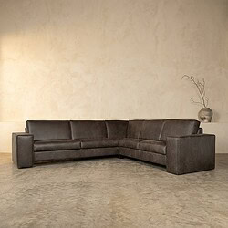 Luxe zwart leren hoekbank van Mokana Meubelen, perfect voor een moderne woonkamer, met ruime zitplaatsen en strak design.