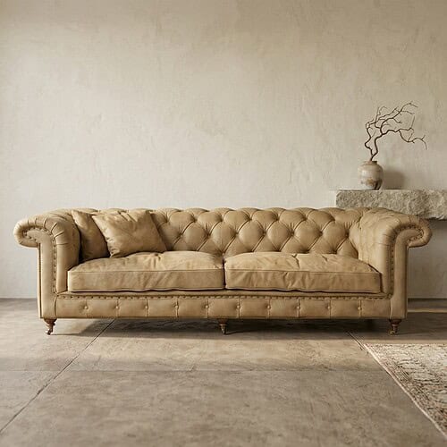 Luxuriöses Ledersofa in Beige mit Tufting-Details, perfekt für ein stilvolles Wohnzimmer. Hergestellt aus hochwertigen Materialien für Komfort und Langlebigkeit.