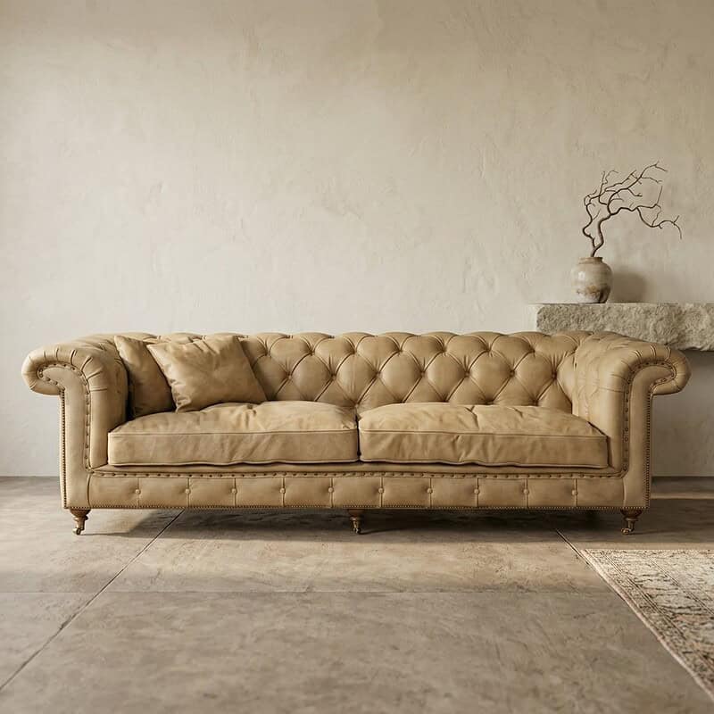 Luxe leren bank in beige met tufted details, perfect voor een stijlvolle woonkamer. Gemaakt van hoogwaardig materiaal voor comfort en duurzaamheid.