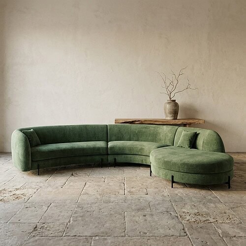 Bank met ronde poef in groene velvet, modern en comfortabel meubelstuk voor woonkamer.