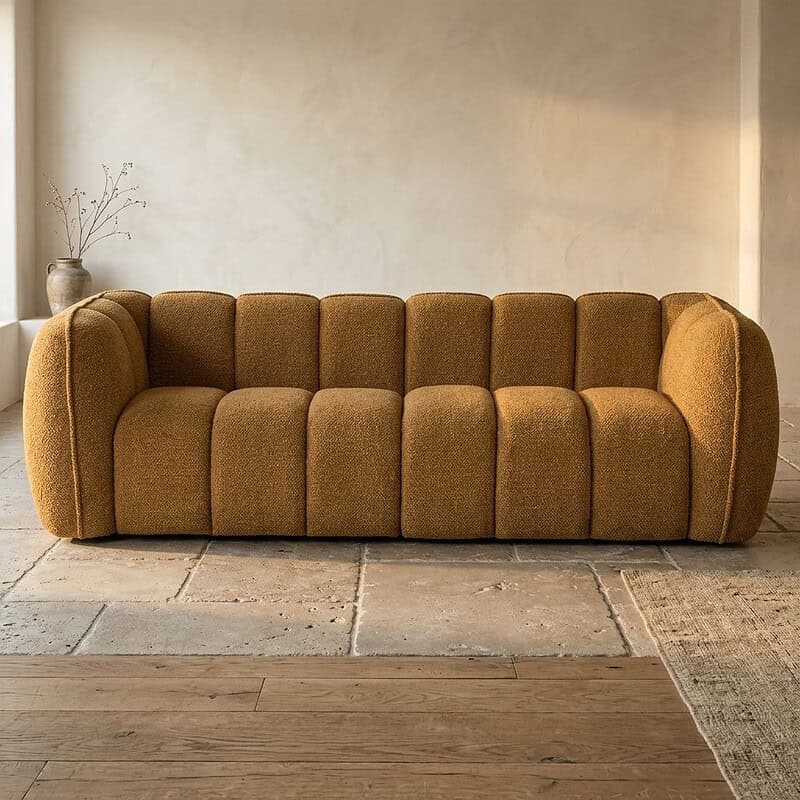 Moderne bank in warme tinten, perfect voor woonkamer, ontworpen door Mokana Meubelen, hoogwaardige meubelkwaliteit, stijlvolle en comfortabele zitplek.