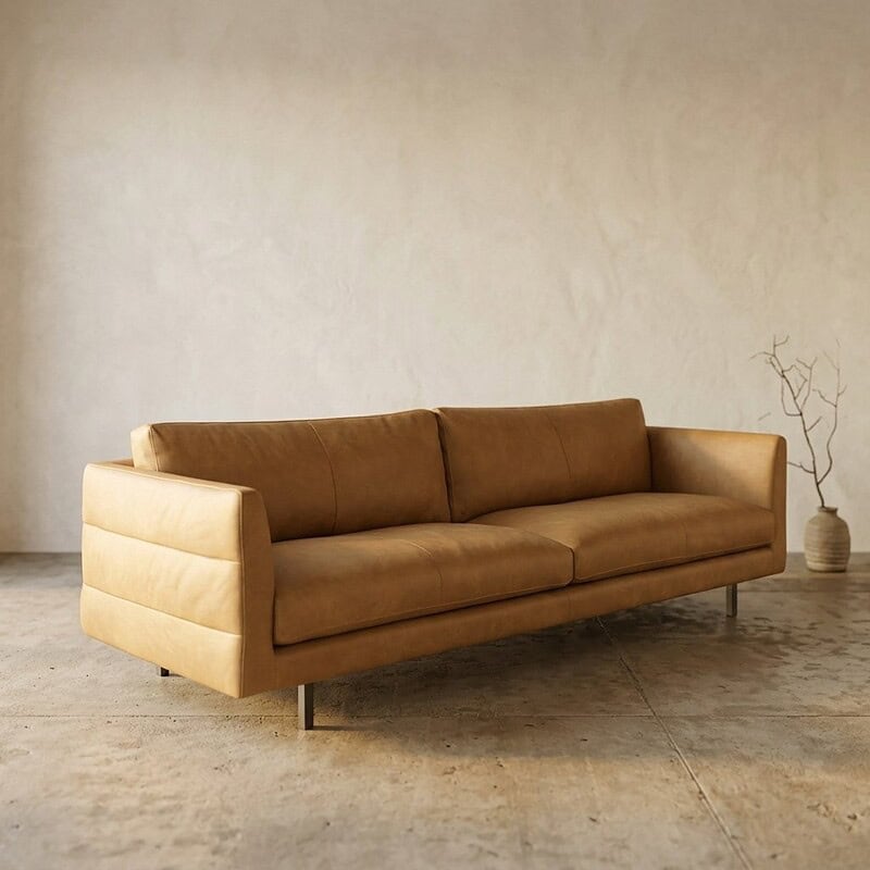 Modern leren bank in een minimalistisch interieur MODERNES LEDERSOFA IN EINEM MINIMALISTISCHEN INTERIEUR.