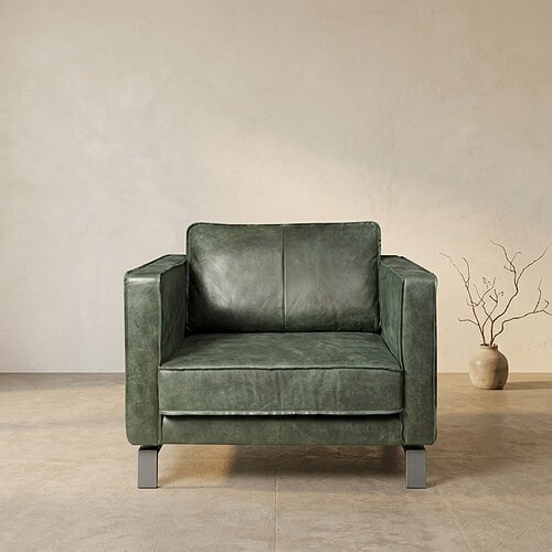 Elegante groene leren fauteuil met strakke lijnen, perfect voor een moderne woonkamer of kantoorruimte. Gemaakt van hoogwaardig leer voor comfort en duurzaamheid.