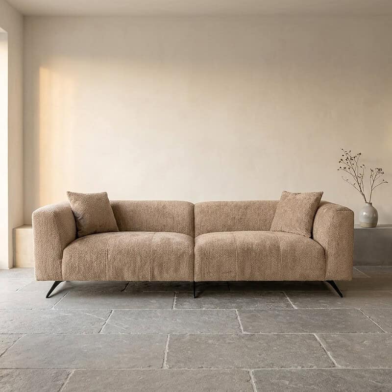 Bankstel, Mokana Meubelen, modern, comfortabel, woonkamer, beige, stoffen bank, elegant, duurzame meubels, interieur, zithoek.