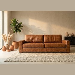 Luxe leren bank in woonkamer met groene plant, decoratieve vazen en tapijt, perfect voor modern interieur.
