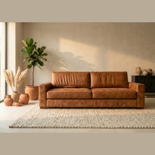 Leren bank in woonkamer met planten en tapijt Luxe leren bank in woonkamer met groene plant, decoratieve vazen en tapijt, perfect voor modern interieur.
