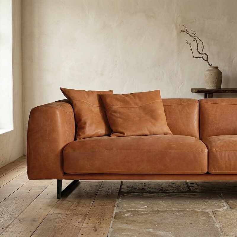Luxe cognackleurige leren bank in een minimalistische woonkamer met houten vloer en decoratieve vaas op tafel, perfect voor moderne interieurstijl.