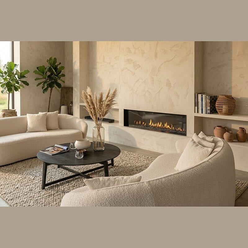 Houten woonkamer met moderne open haard en comfortabele zitbanken Moderne woonkamer met open haard, beige banken en natuurlijke decoratie, perfect voor een gezellige en stijlvolle woonruimte.