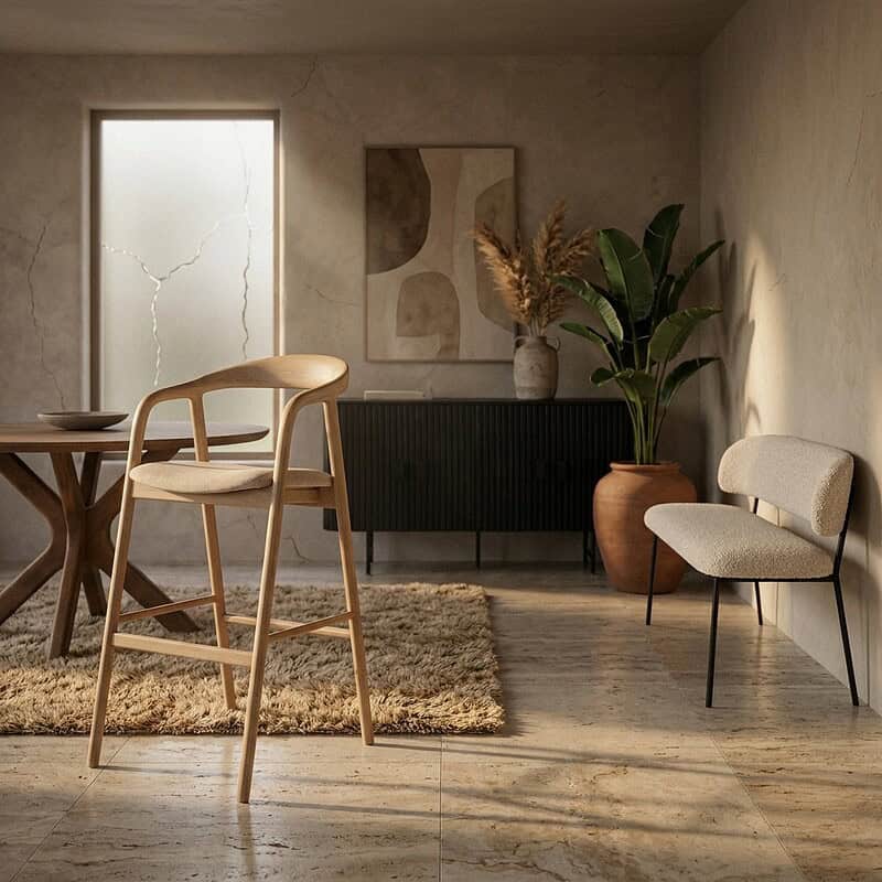 Der hellbraune Barhocker Rayven in einem modernen Interieur mit natürlichen Dekoelementen und minimalistischem Design.