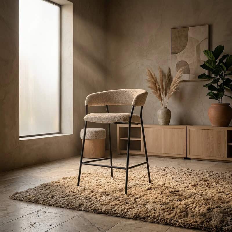 Moderne Mokana meubelstoel met zachte bekleding en zwart metalen frame in een minimalistische woonkamer met natuurlijke tinten en decoratieve planten.