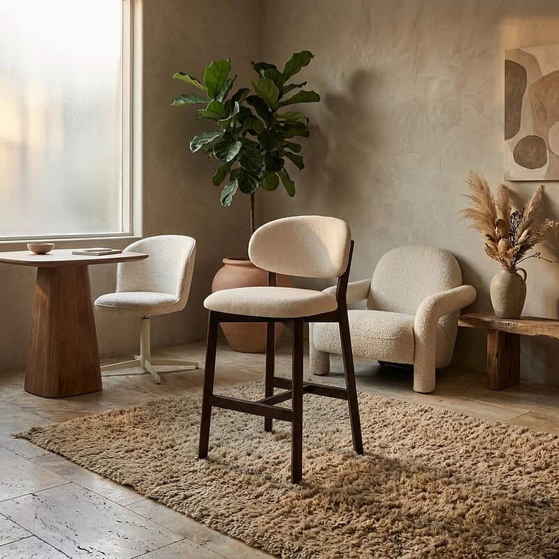 Moderner Barhocker Mikky in Braun und Beige, perfekt für eine stilvolle Küche oder Bar. Hergestellt aus hochwertigen Materialien für Komfort und Langlebigkeit.