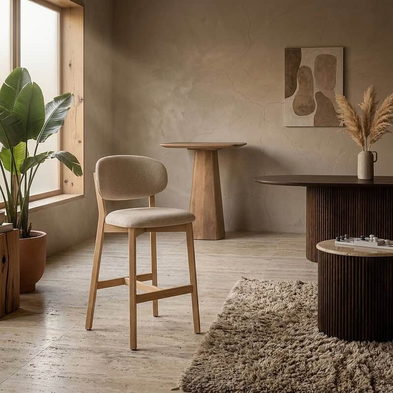 Der elegante Barhocker Mikky in der Farbe Natur-Taupe, perfekt für moderne Küchen und Bars, mit bequemer Sitzfläche und Holzgestell.