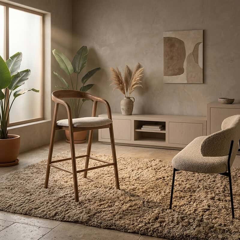 Der elegante, hellbraune Barhocker Rayven in einem modernen Interieur mit natürlichen Dekoelementen und sanfter Beleuchtung. Perfekt für einen stilvollen und bequemen Sitzplatz zu Hause oder in der Gastronomie.