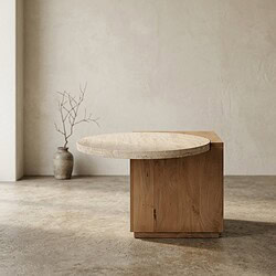 Moderne eettafel met massief houten onderstel en ronde marmeren blad, perfect voor een stijlvolle eetkamer.