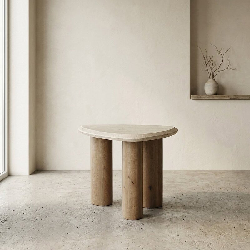Eenvoudige massief houten eettafel met ronde top en stevige poten, perfect voor moderne en minimalistische interieurstijlen.