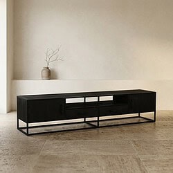 Schwarzes TV-Möbel aus Holz mit Metallgestell, perfekt für ein modernes Wohnzimmer. Langlebiges und stilvolles Design, ideal für die Aufstellung von Fernsehern und Accessoires.