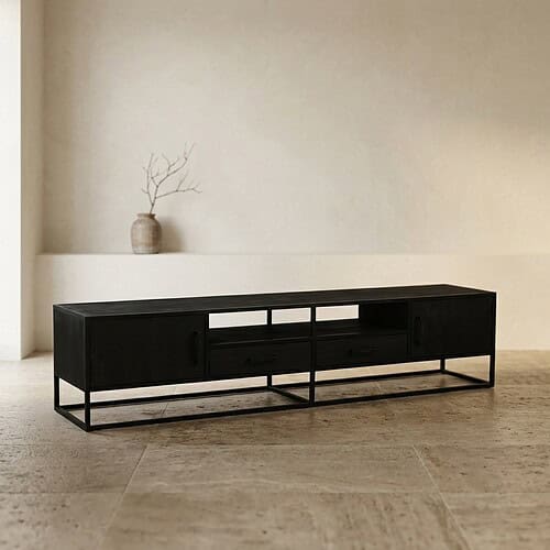 Schwarzes TV-Möbel aus Holz mit Metallgestell, perfekt für ein modernes Wohnzimmer. Langlebiges und stilvolles Design, ideal für die Aufstellung von Fernsehern und Accessoires.