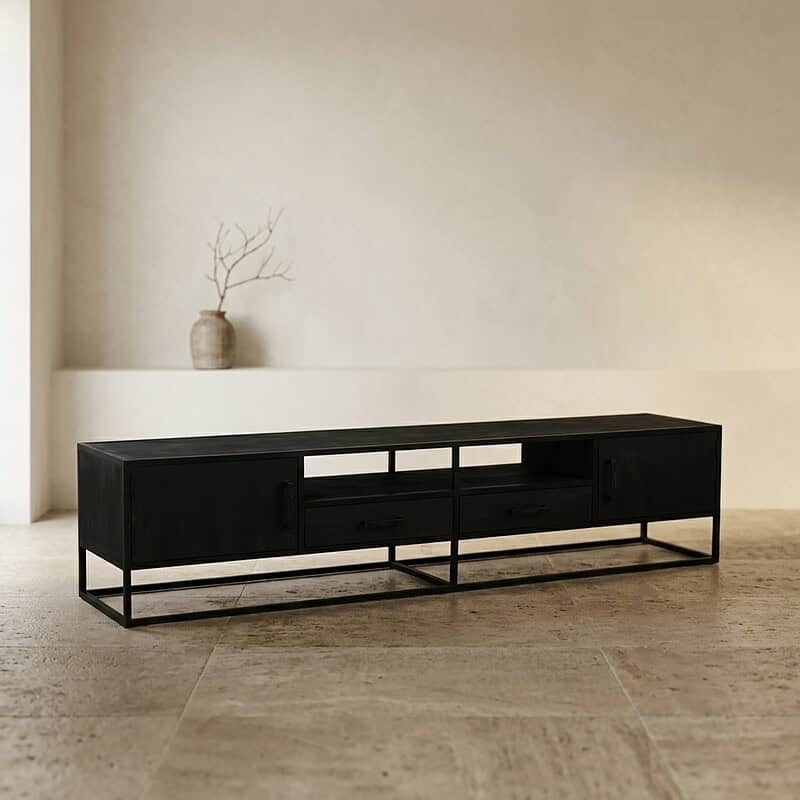 Schwarzes TV-Möbel aus Holz mit Metallgestell, perfekt für ein modernes Wohnzimmer. Langlebiges und stilvolles Design, ideal für die Aufstellung von Fernsehern und Accessoires.