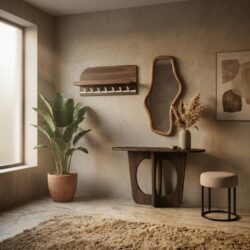 Bonaire kapstok 60 cm met plankje en 7 haken in massief mangohout brown walnut en beige metaal