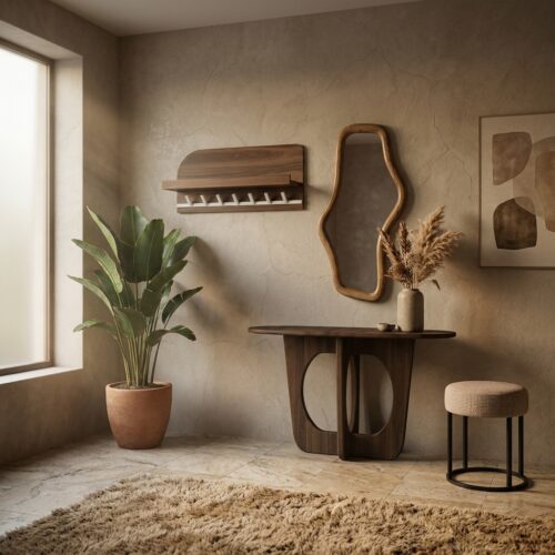 bonaire-kapstok-mangohout-brown-walnut-7-haken Bonaire Garderobe 60 cm mit Ablage und 7 Haken aus massivem Mangoholz in Brown Walnut und beigem Metall