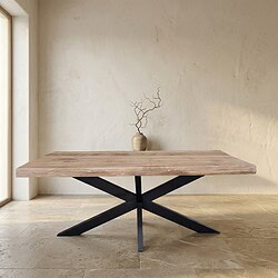 Moderner Esstisch aus Massivholz mit schwarzem Metallgestell, perfekt für ein stilvolles Esszimmer oder Wohnzimmer. Langlebiges und elegantes Design für eine warme, natürliche Ausstrahlung.