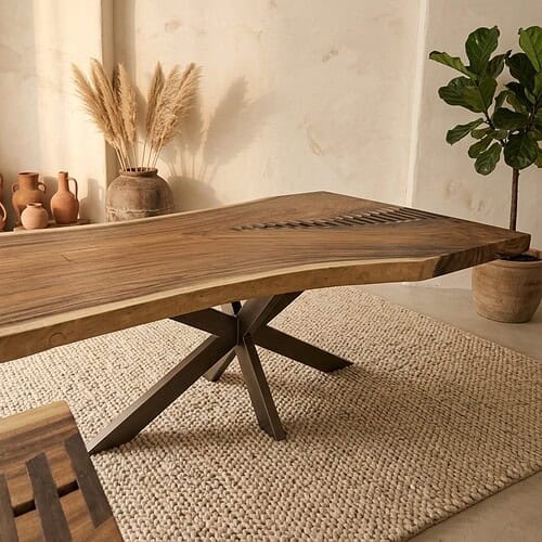 Elegante houten eettafel met natuurlijke afwerking, perfect voor moderne eetkamers en interieurdecoratie. Gemaakt van hoogwaardig hout, biedt duurzaamheid en stijl voor elke woning.