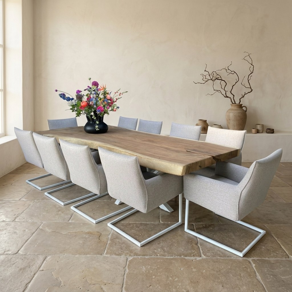 Ein moderner Esstisch aus Holz mit 10 bequemen Stühlen und einer farbenfrohen Blumenvase – perfekt für ein stilvolles Esszimmer.