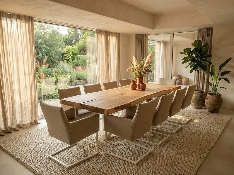 Houten eettafel met 8 stoelen in modern interieur Baumstammtisch aus Suarholz mit V-Fuß, weiß, von Sventerior, Hauptfoto