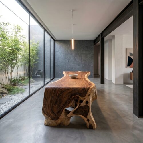 Suarhout waterval tafel met doorlopend blad in boomstam vorm