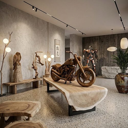 Houten motor op houten tafel in moderne interieur showroom met decoratieve elementen en kunstwerken.