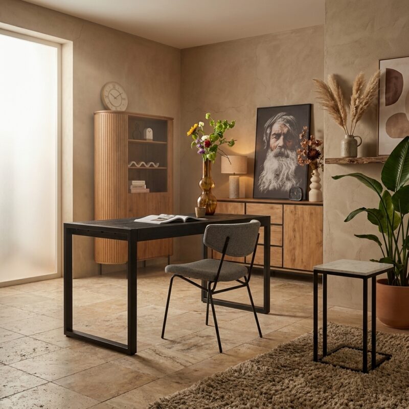 Bureau Boaz zwart mangohout 145 cm met drie lades en metalen onderstel