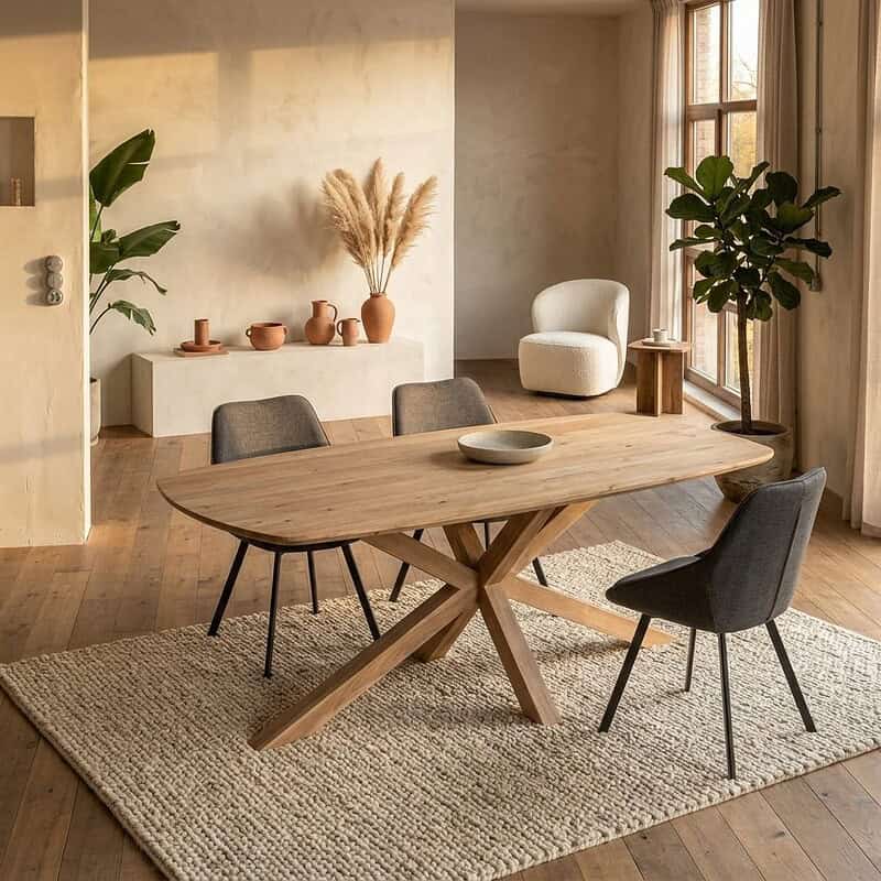 Moderne eettafel van massief hout in een stijlvol, minimalistisch interieur met comfortabele stoelen en natuurlijke decoratie. Perfect voor een gezellige eetruimte.