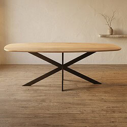 Moderne eettafel van massief hout met uniek metalen onderstel, perfect voor een stijlvolle eetkamer of woonkamer. Duurzaam en elegant design voor een warme, natuurlijke uitstraling.