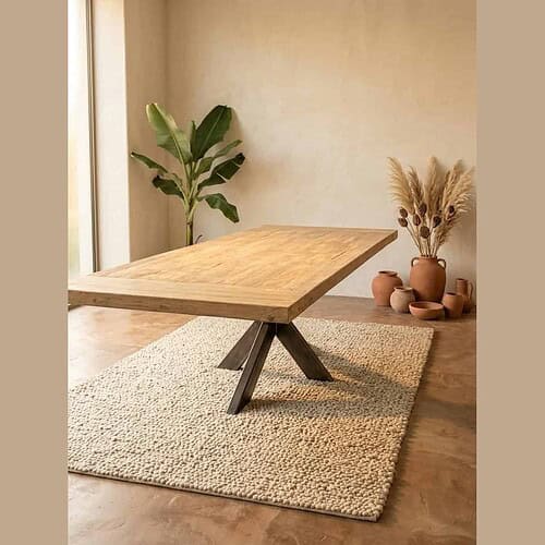 Moderne houten eettafel met zwart metalen onderstel, perfect voor een stijlvolle eetkamer of woonkamer, gecombineerd met natuurlijke decoratie en planten voor een warme sfeer.