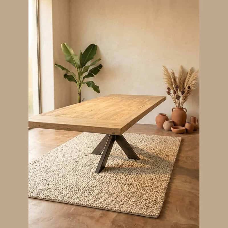 Houten eettafel met moderne zwarte onderstel Moderner Esstisch aus Holz mit schwarzem Metallgestell, perfekt für ein stilvolles Esszimmer oder Wohnzimmer, kombiniert mit natürlichen Dekoelementen und Pflanzen für eine gemütliche Atmosphäre.