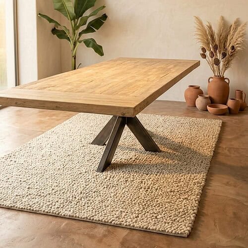 Moderne massief houten eettafel met zwarte metalen pootjes, geplaatst op een beige tapijt in een minimalistisch interieur met planten en decoratieve vazen.