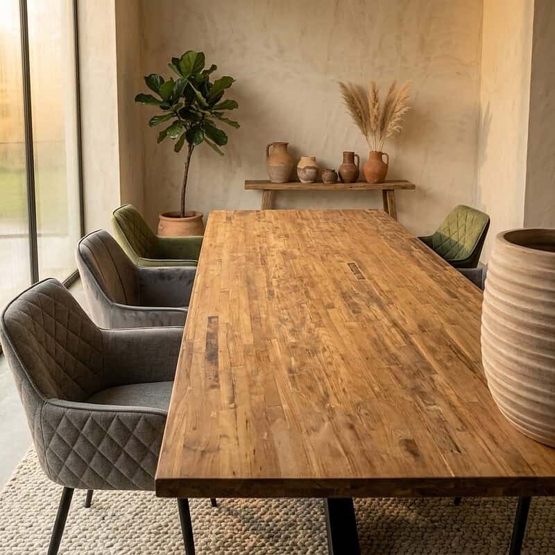 Ruime houten eettafel met comfortabele stoelen in een modern interieur, perfect voor gezellige maaltijden en bijeenkomsten in een stijlvolle, natuurlijke setting.