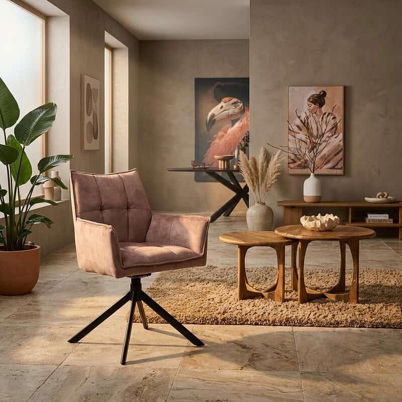 Luxe beige velvet eetkamerstoel met armleuning, perfect voor een stijlvolle eetkamer of woonkamer. Comfortabel en elegant design, ideaal voor moderne interieurs.