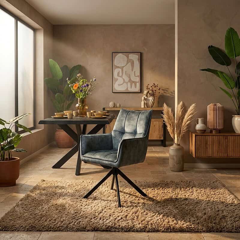 Moderne blauwe eetkamerstoel met velvet bekleding en armleuning, perfect voor een stijlvolle en comfortabele eetkamer.