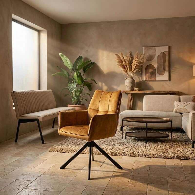 Luxe gouden velvet eetkamerstoel Dani met armleuning, perfect voor een stijlvolle eetkamer of woonkamer.