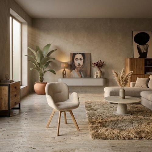 Draaibare eetkamerstoel Jesse in beige stof met houten poten en armleuningen