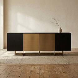 Modern houten dressoir met zwart en naturel afwerking, perfect voor een eigentijdse woonkamer of eetkamer. Gemaakt van hoogwaardige materialen voor duurzaamheid en stijl.