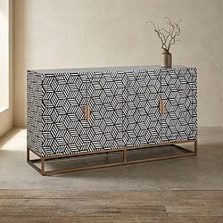 Geometrisch dressoir met zwart-wit patroon en houten details, perfect voor moderne interieurs.