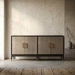 Elegant houten dressoir met metalen frame, perfect voor moderne interieurs, met twee schuifdeuren en minimalistisch design.