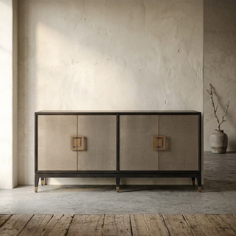 Elegant houten dressoir met metalen frame, perfect voor moderne interieurs, met twee schuifdeuren en minimalistisch design.
