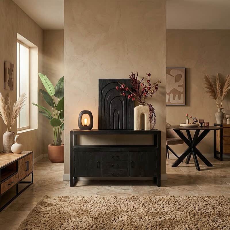 Ontdek het stijlvolle Boaz dressoir in zwart mangohout van 135 cm, perfect voor een moderne en elegante woonkamer. Handgemaakt meubel met ruime opbergruimte en uniek design.