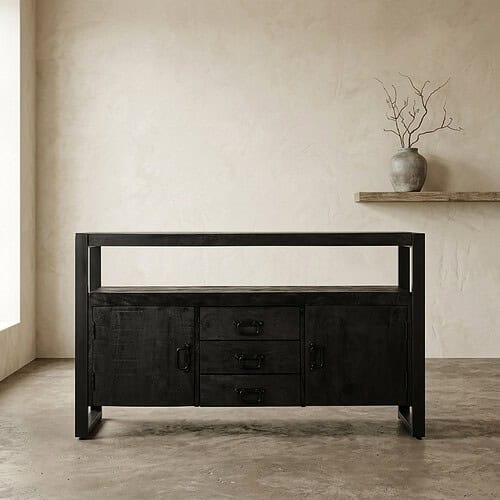 Modern zwart houten dressoir met opbergruimte en lade, perfect voor een eigentijdse woonkamer of eetkamer. Strakke lijnen en duurzame afwerking voor een stijlvolle uitstraling.
