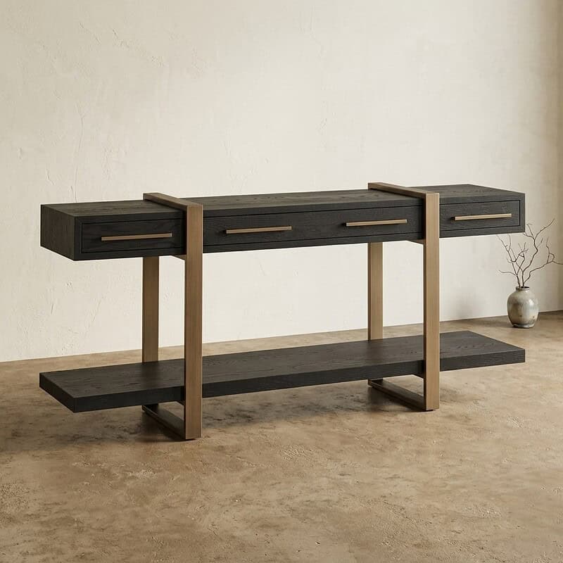 Modernes Wandmöbel aus schwarzem Holz mit Schubladen und offenem Regal, perfekt für das Wohnzimmer oder den Flur, entworfen von Mokana Meubelen.