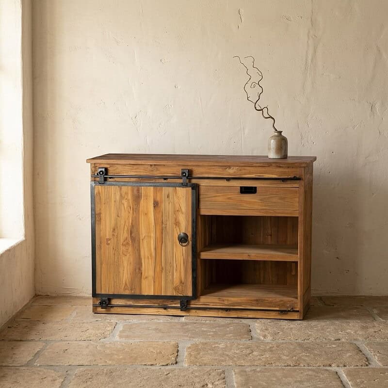 Vintage houten dressoir met schuifdeur en open vak, perfect voor landelijke interieurstijl, gemaakt van massief hout, geschikt voor woonkamer of eetkamer.