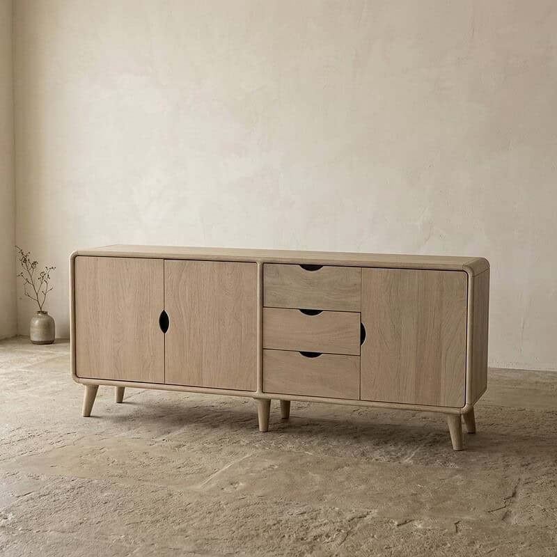 Elegant houten dressoir met laden en schuifdeuren, perfect voor modern interieur, gemaakt van licht eikenhout, met een minimalistisch design en stevige poten.